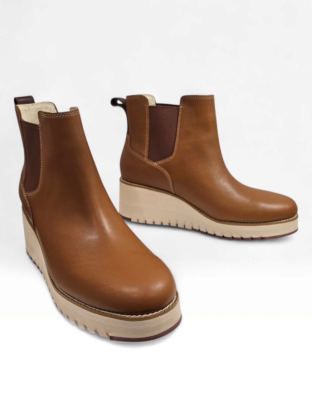 COLE HAAN Women Zerogrand City Wedge British Tan Leather Waterproof Boots 9